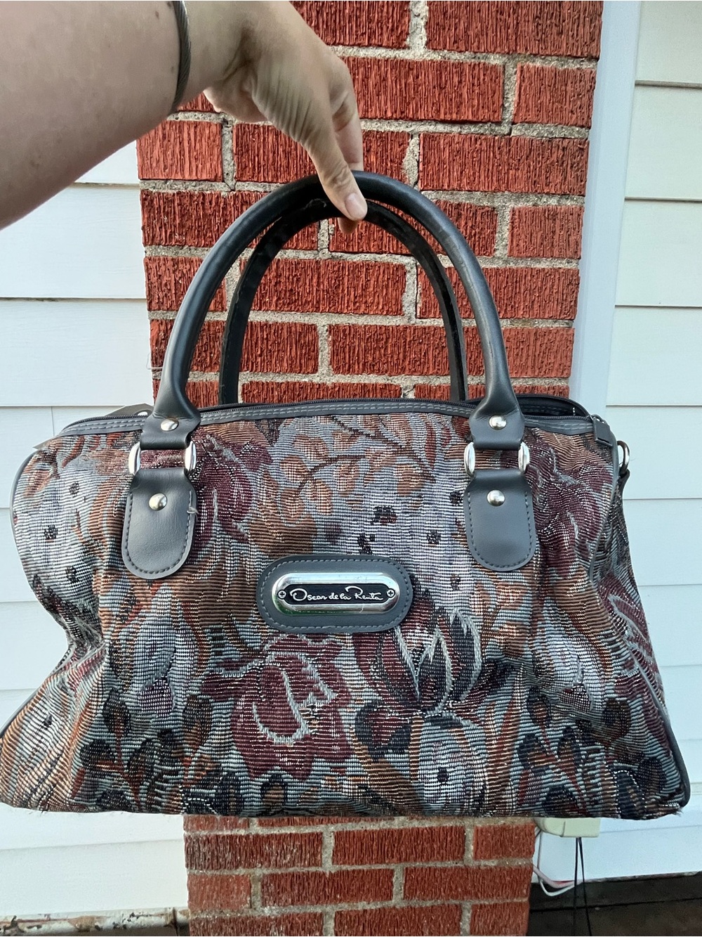 Oscar de la Renta Multicolor Floral Tapestry Satchel with Black Trim
